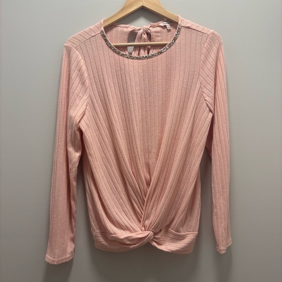 Juicy Couture Pink Ribbed Knit Top Embellished Jeweled Neckline Knotted - Picture 2 of 7